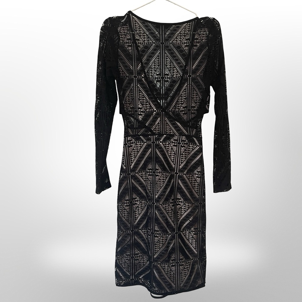 Charlotte Russe Black Lace Midi Dress M | Sheer Long Sleeve Wrap Party Dress